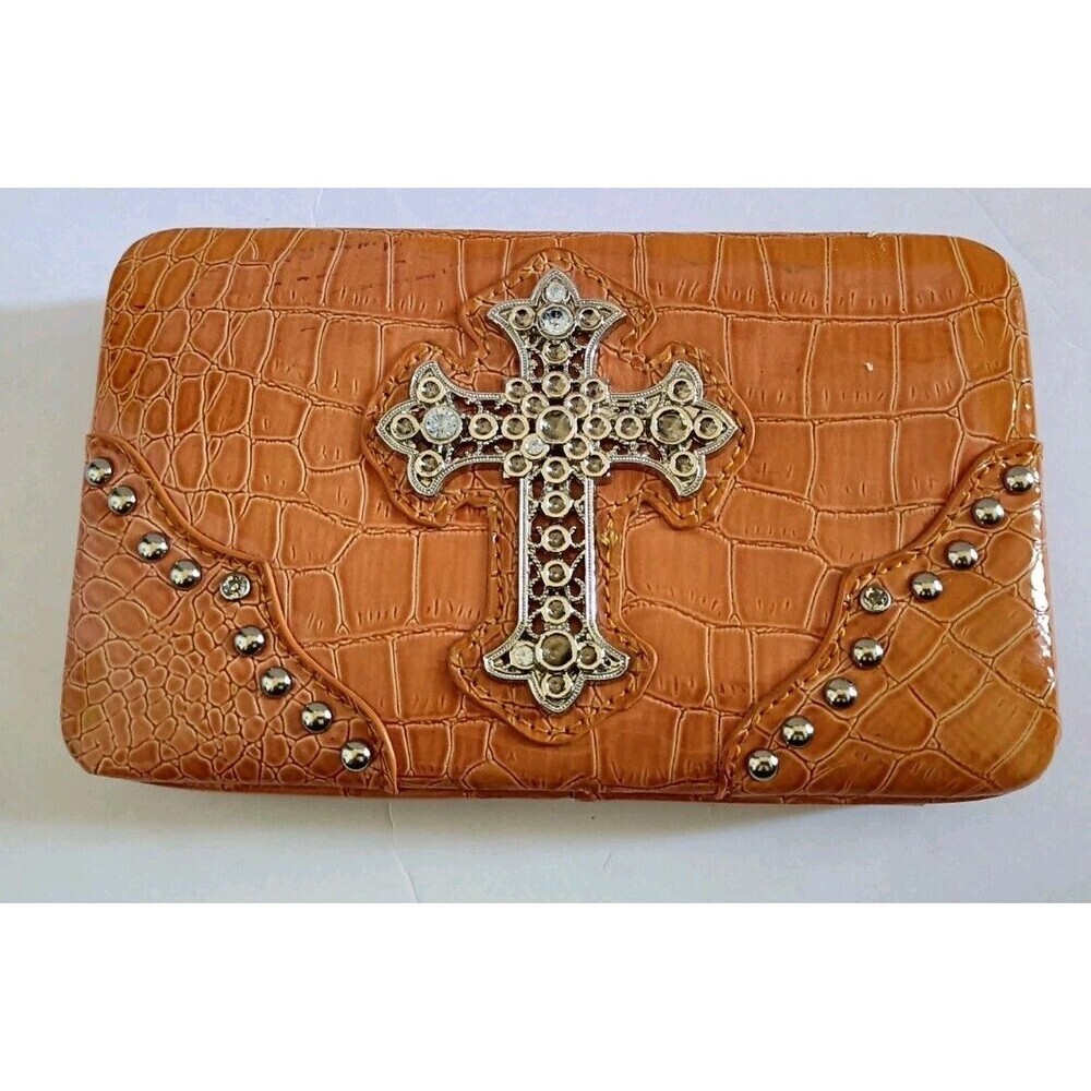 Hananel Wallet Clutch Rhinestone Cross Tan Croc Print Check Book Cover Snap New